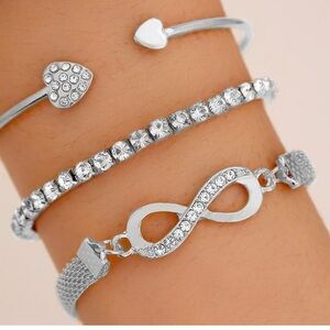 Silver Infinity & Crystal Heart Trio Bracelet Set